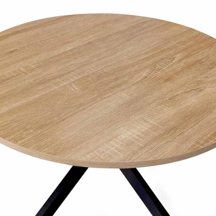 Wooden top coffee table with black feet close up on top