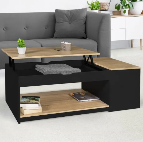 Coffee table ELENA lift top with black wood and beech chest