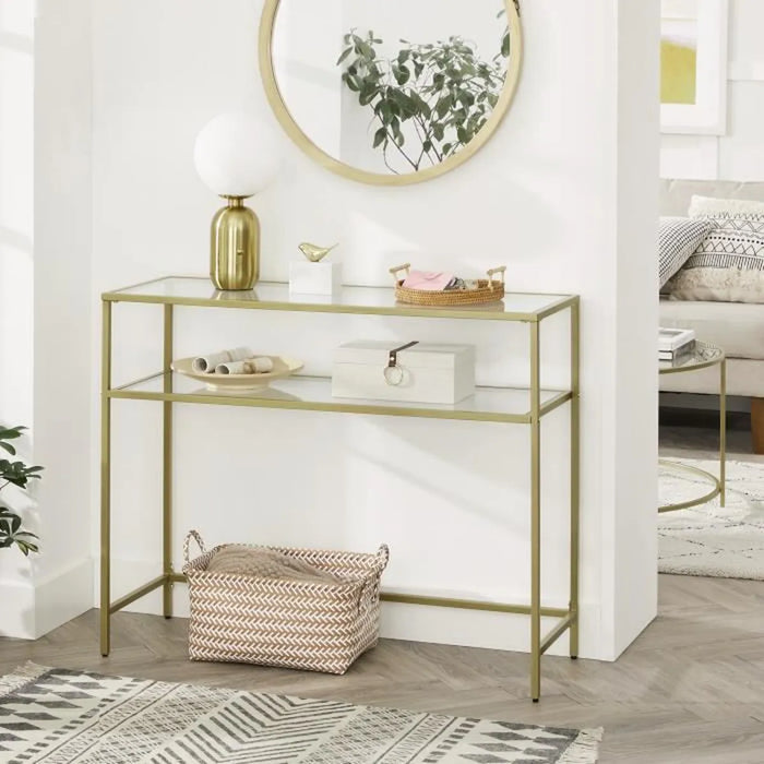 Console table, Hall table, 2 tempered glass shelves, steel frame, 100 x 35 x 80 cm, Gold