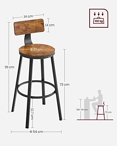 Bar Stools, Kitchen Stools, Set of 2 Tall Bar Chairs with Backrest