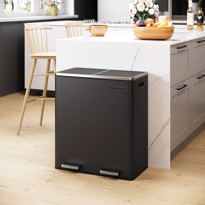 60L  2 pedal 2 compartments Kitchen Eco Waste Silver Trash Can - Black