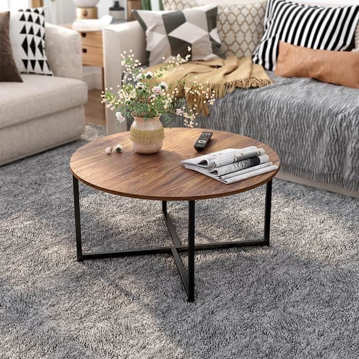 Lora Industrial Style Round Coffee Table - Wooden Top and Metal Feet