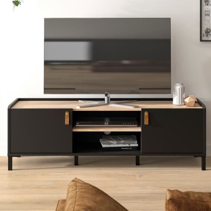 Rotterdam Black TV cabinet with leatherette handles