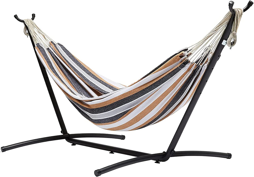 Hammock with metal stand white, beige and grey stripes