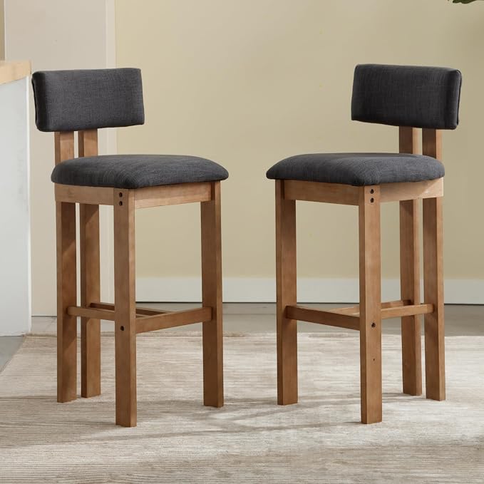 Vintage Bar Stools – Set of 2 | Solid Wood & Linen Upholstered Bar Chairs
