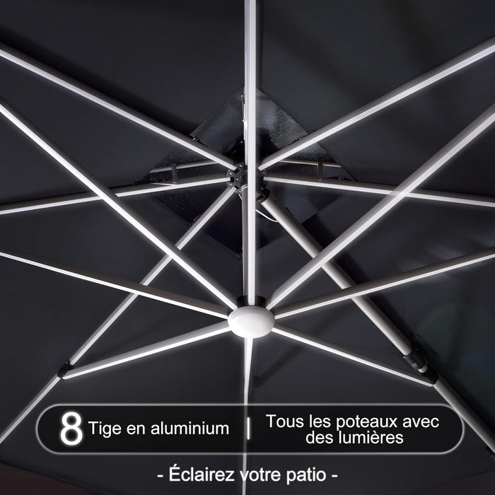 PURPLE LEAF cantilever parasol with all the metallic bars with lights 