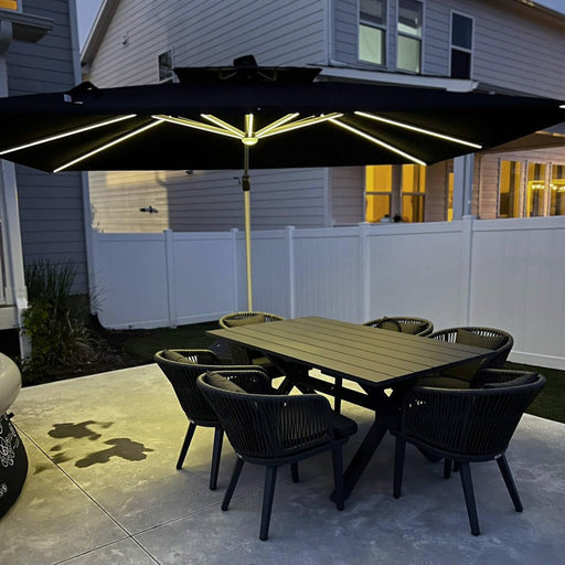 Close-up of built-in LED lighting tubes on parasol ribs – solar and USB powered
