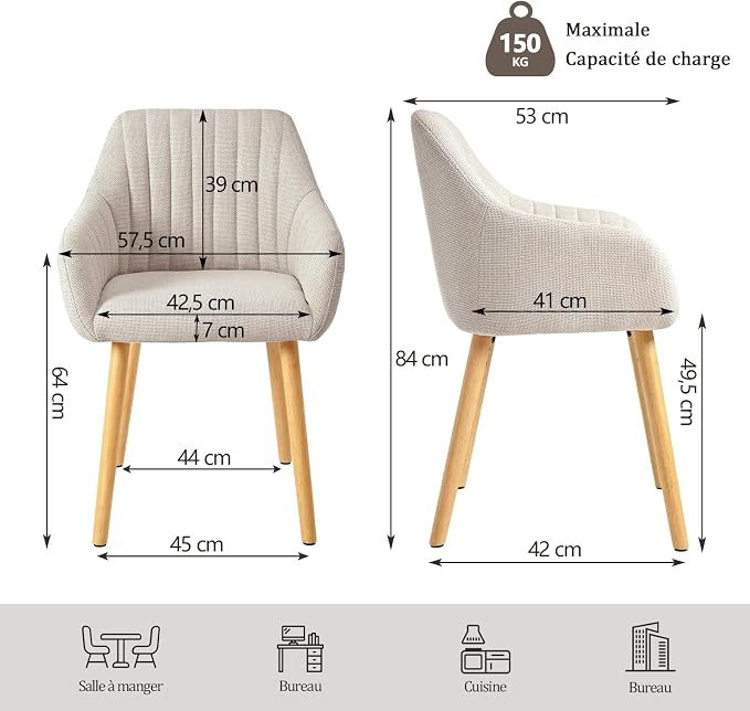 Set of 6 Beige Upholstered Dining Chairs with Armrests – Scandinavian Style