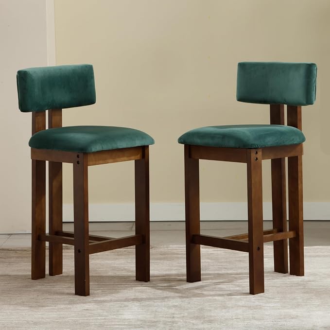 Vintage Bar Stools – Set of 2 | Solid Wood & Linen Upholstered Bar Chairs