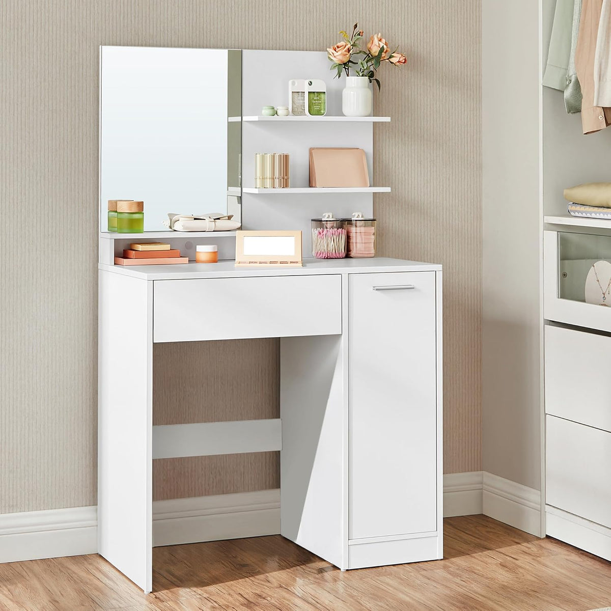 Dressing Table with Mirror, 1 Drawer, 2 Shelves, Storage Cabinet, Make ...