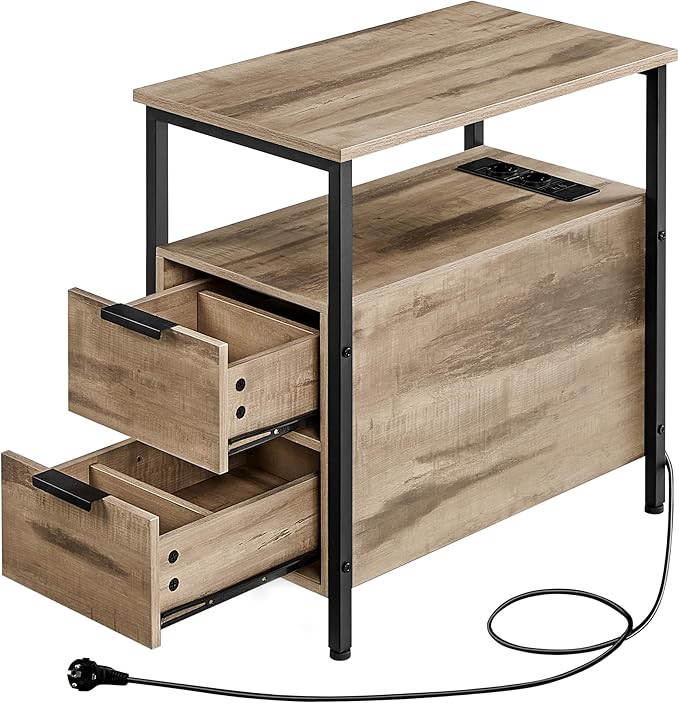 Side Table with Power Strip & Storage | Camel Brown & Black ...