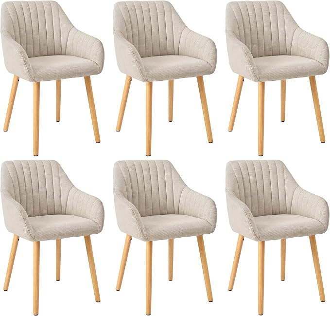Set of 6 Beige Upholstered Dining Chairs with Armrests – Scandinavian Style