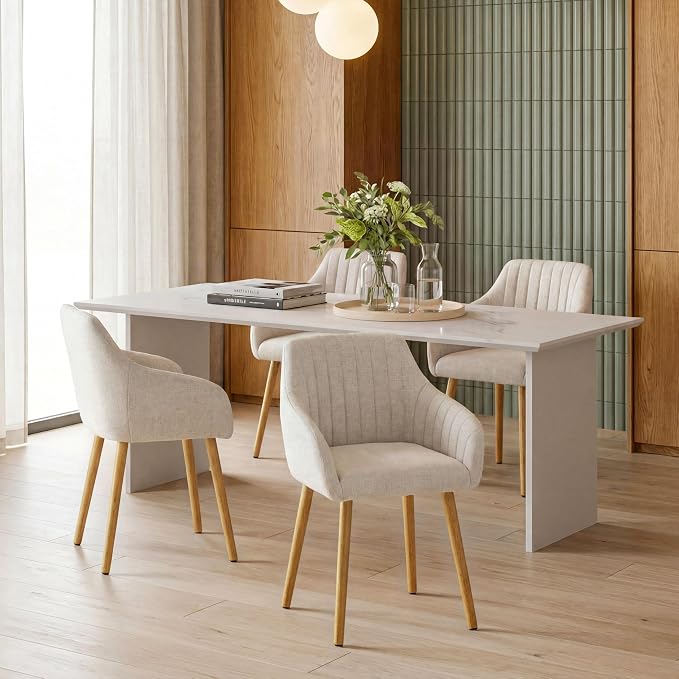 Set of 6 Beige Upholstered Dining Chairs with Armrests – Scandinavian Style