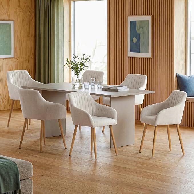 Set of 6 Beige Upholstered Dining Chairs with Armrests – Scandinavian Style
