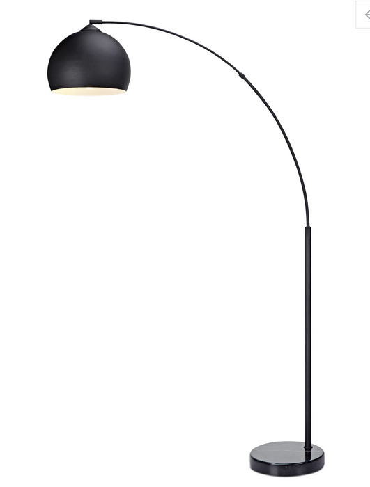 A modern floor lamp with a matte black dome-shaped shade, a curved flexible stand, and a round base, shown illuminated against a plain white background.