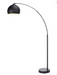 A modern floor lamp with a matte black dome-shaped shade, a curved flexible stand, and a round base, shown illuminated against a plain white background.