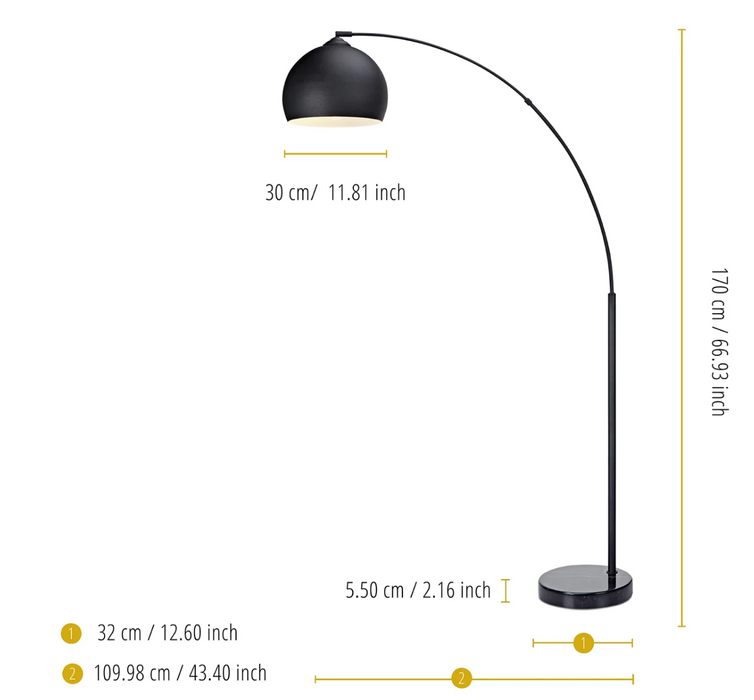 Black arched floor lamp with dimension annotations showing height, shade width, and base dimensions on a white background.