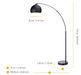 Black arched floor lamp with dimension annotations showing height, shade width, and base dimensions on a white background.