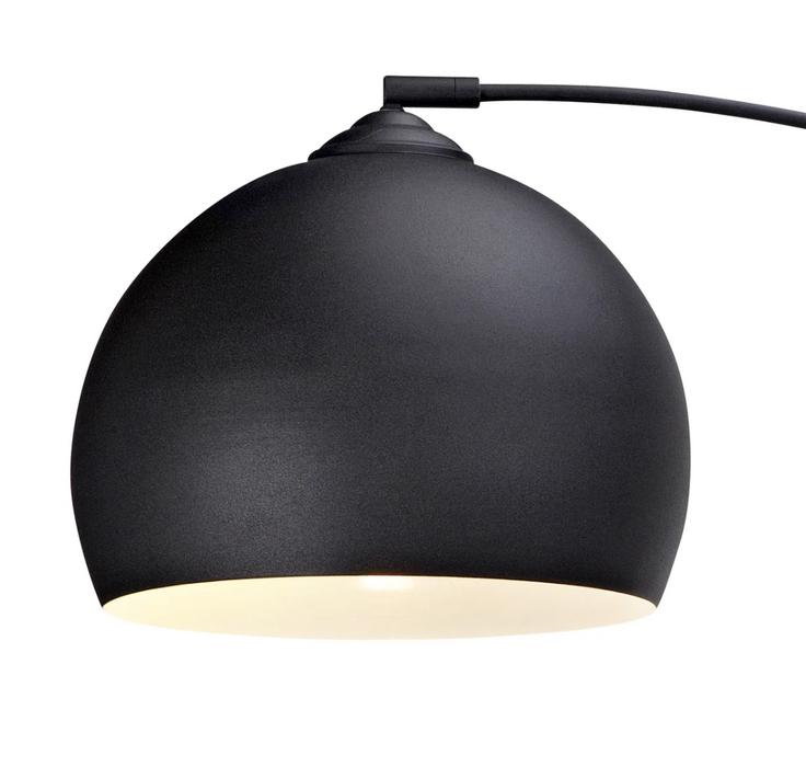 A modern dome-shaped pendant light with a matte black finish and a warm glowing interior, shown against a solid white background.