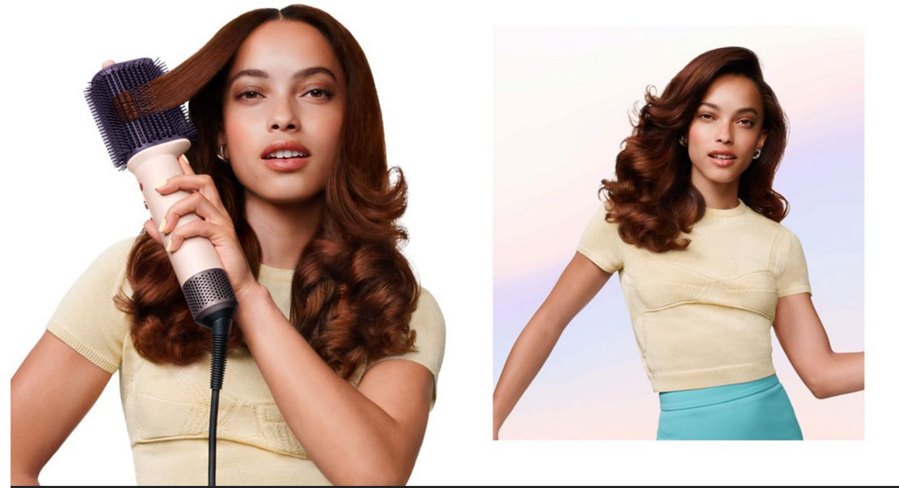 A split-screen beauty advertisement showing a woman with long, wavy brown hair. On the left, she holds a pink and black hair styler brush attachment to her hair, creating defined curls.