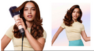 A split-screen beauty advertisement showing a woman with long, wavy brown hair. On the left, she holds a pink and black hair styler brush attachment to her hair, creating defined curls.