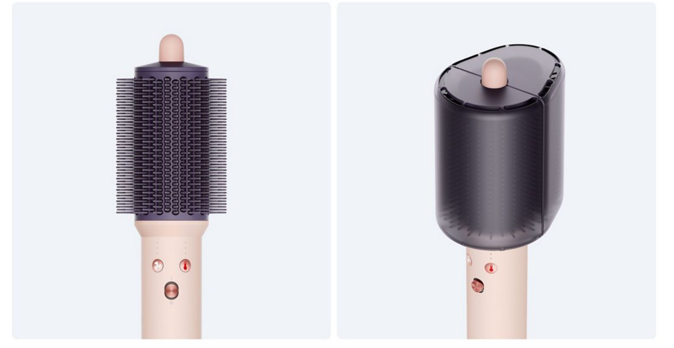 A dual-view product shot of a hair styling brush on a light gray background. The left view shows the front of the brush with dark bristles and a beige handle.