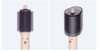 A dual-view product shot of a hair styling brush on a light gray background. The left view shows the front of the brush with dark bristles and a beige handle.