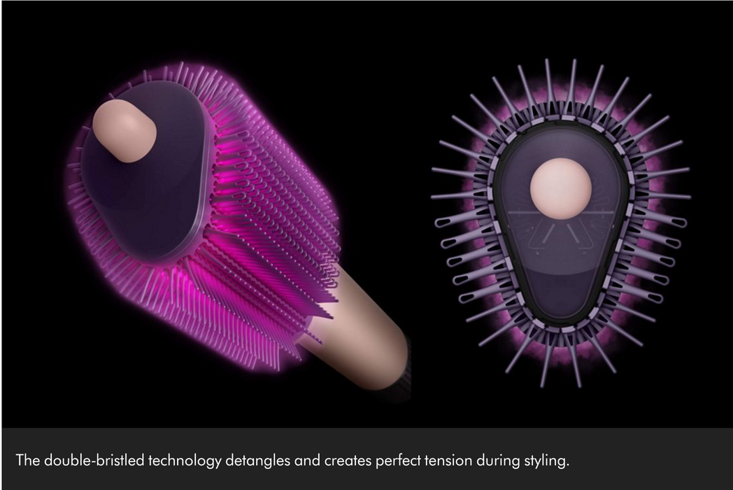 A hairbrush shown on a black background with front and back views. The brush has a dark purple body, bright pink bristles, and a beige handle and tip.