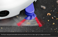 A close-up of a white vehicle underbody using a blue and purple extendable side brush attachment on a dark textured surface, with red motion blur indicating rotation. Small debris is visible on the surface, and a text overlay at the bottom describes the brush extension.