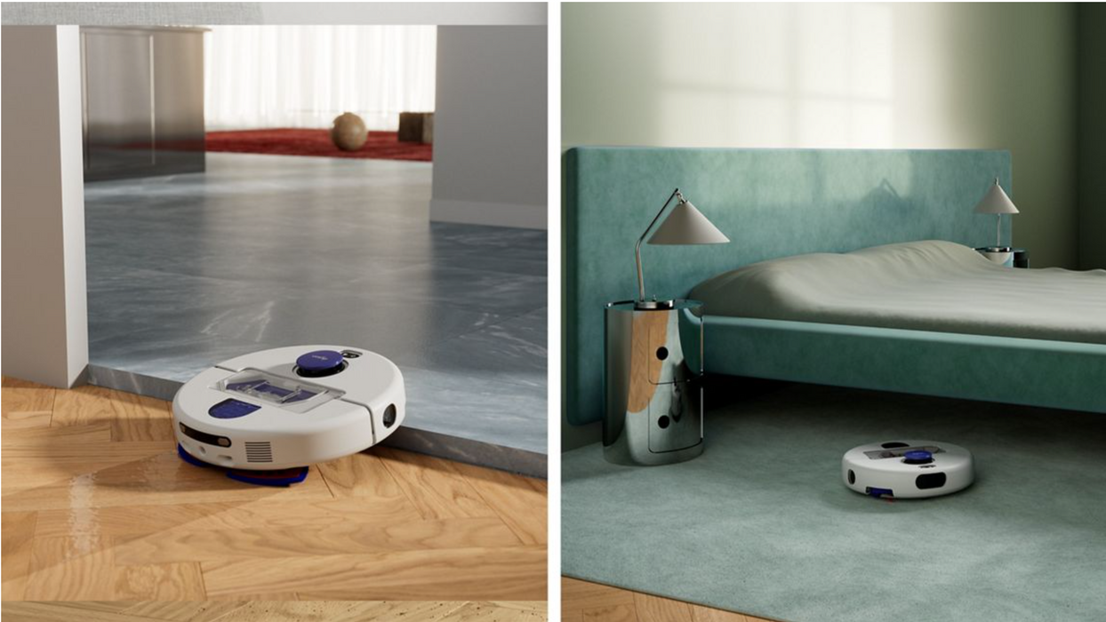 A side-by-side comparison showing a white and purple robotic vacuum cleaner in two different home environments: on a light wood floor in an open living space on the left, and on a teal carpet in a bedroom on the right.