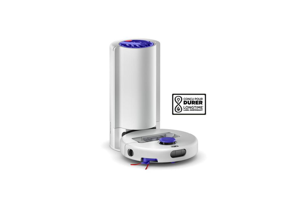 A white robotic vacuum cleaner shown with its matching white vertical charging dock on a clean white background. The vacuum and dock feature blue accents, including a blue top opening and a blue control dial.