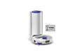 A white robotic vacuum cleaner shown with its matching white vertical charging dock on a clean white background. The vacuum and dock feature blue accents, including a blue top opening and a blue control dial.
