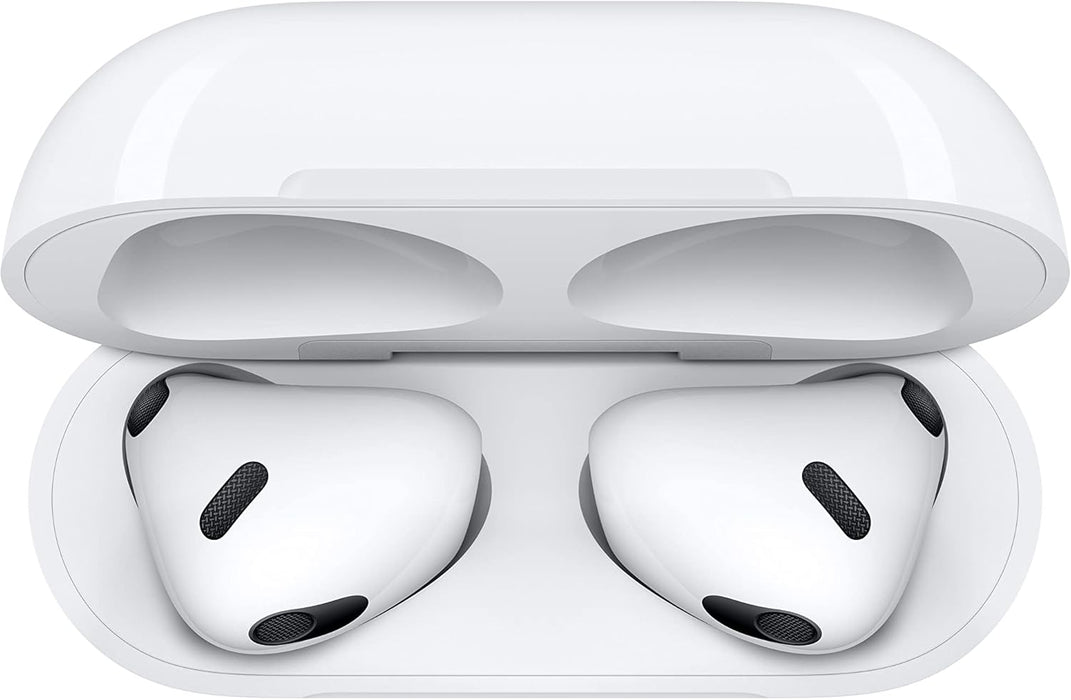 White Apple AirPods (3rd Generation) placed next to their compatible MagSafe charging case.