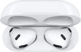 White Apple AirPods (3rd Generation) placed next to their compatible MagSafe charging case.