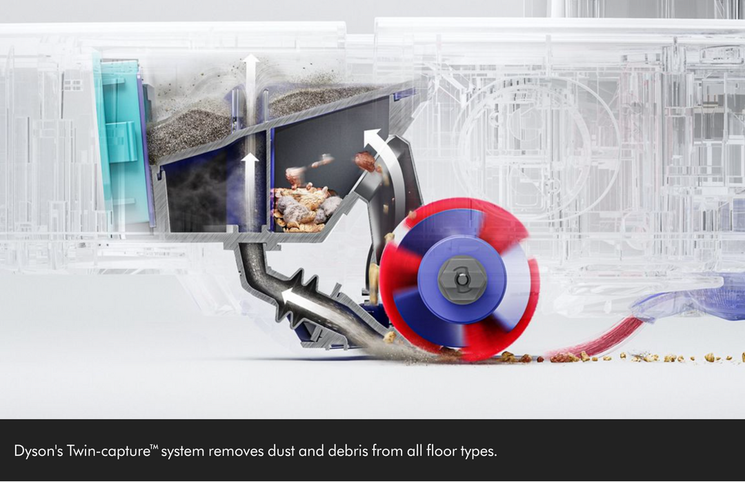 Technical promotional rendering of a Dyson floor cleaner showing the internal Twin-capture system in action, with dust and debris being captured by a red, blue, and white circular filter wheel and shown as particles being trapped inside transparent-looking chambers. A black text bar at the bottom reads: 'Dyson's Twin-capture system removes dust and debris from all floor types.