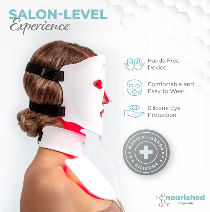 Woman wearing a salon-level skincare device with features listed on a white background.