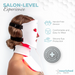 Woman wearing a salon-level skincare device with features listed on a white background.
