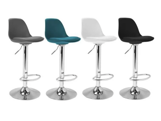 Duck blue, grey white, black bar stools