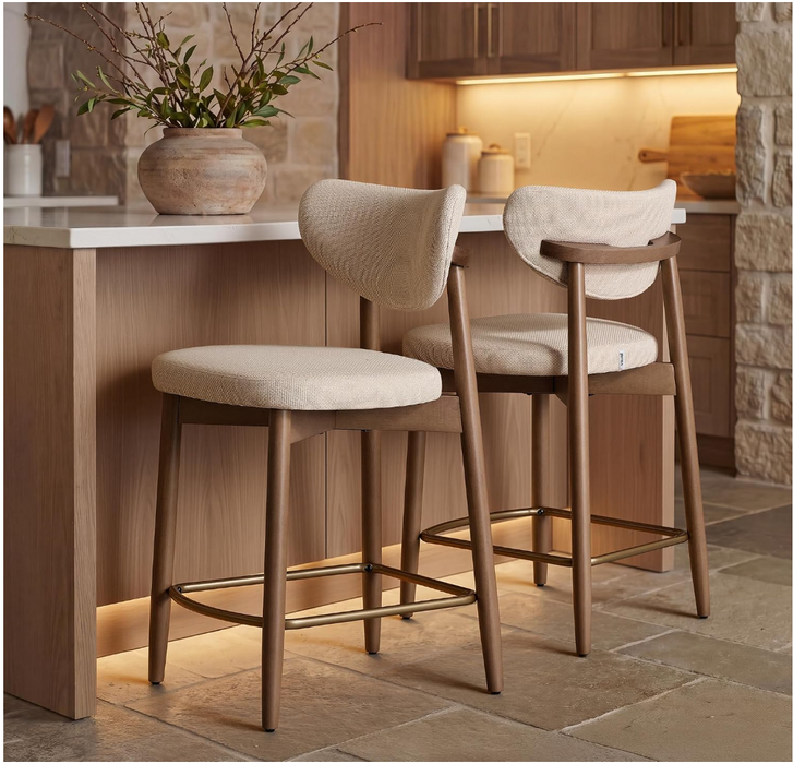 Linen Bar Stools, Solid Wood, with Backrest, Set of 2
