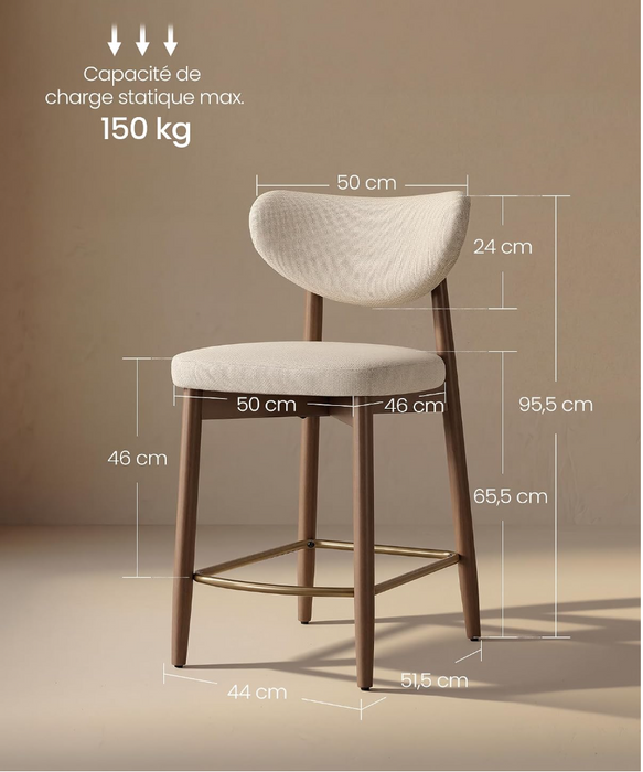 Linen Bar Stools, Solid Wood, with Backrest, Set of 2