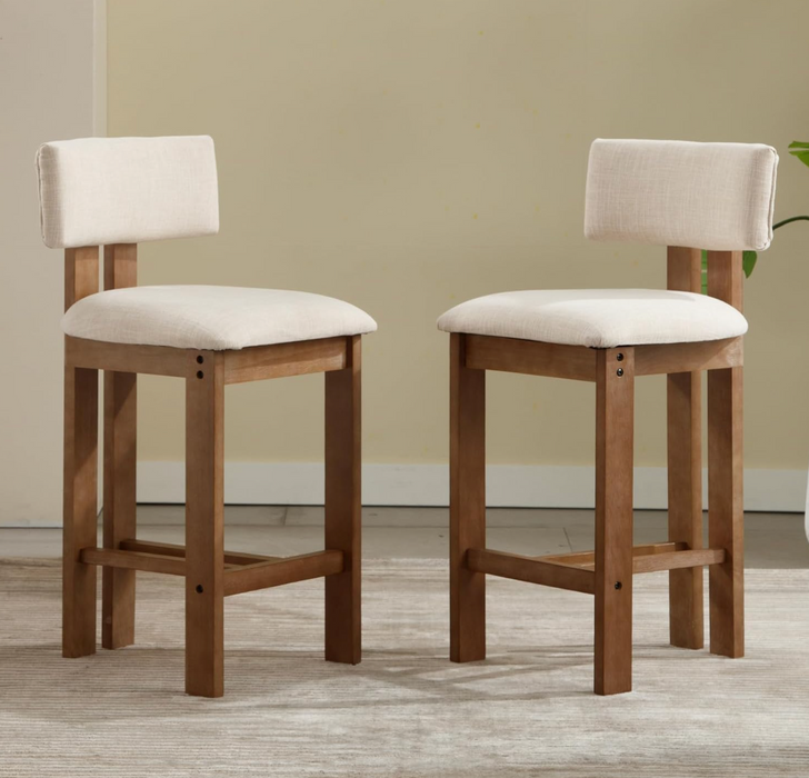 Vintage Bar Stools – Set of 2 | Solid Wood & Linen Upholstered Bar Chairs