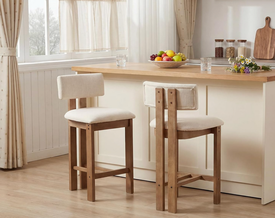 Vintage Bar Stools – Set of 2 | Solid Wood & Linen Upholstered Bar Chairs