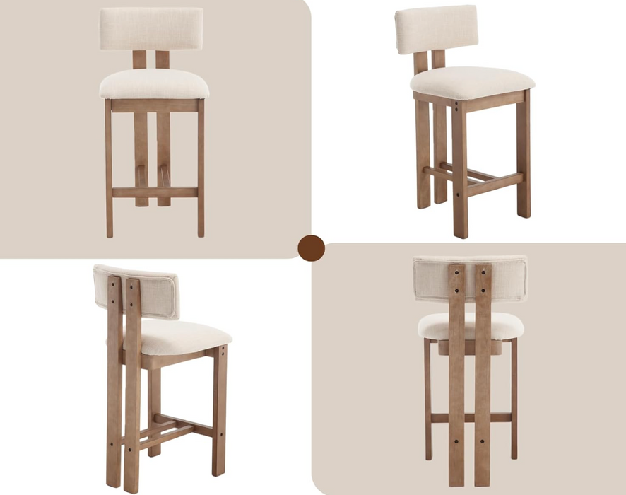 Vintage Bar Stools – Set of 2 | Solid Wood & Linen Upholstered Bar Chairs