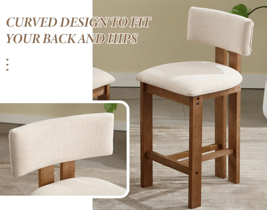 Vintage Bar Stools – Set of 2 | Solid Wood & Linen Upholstered Bar Chairs