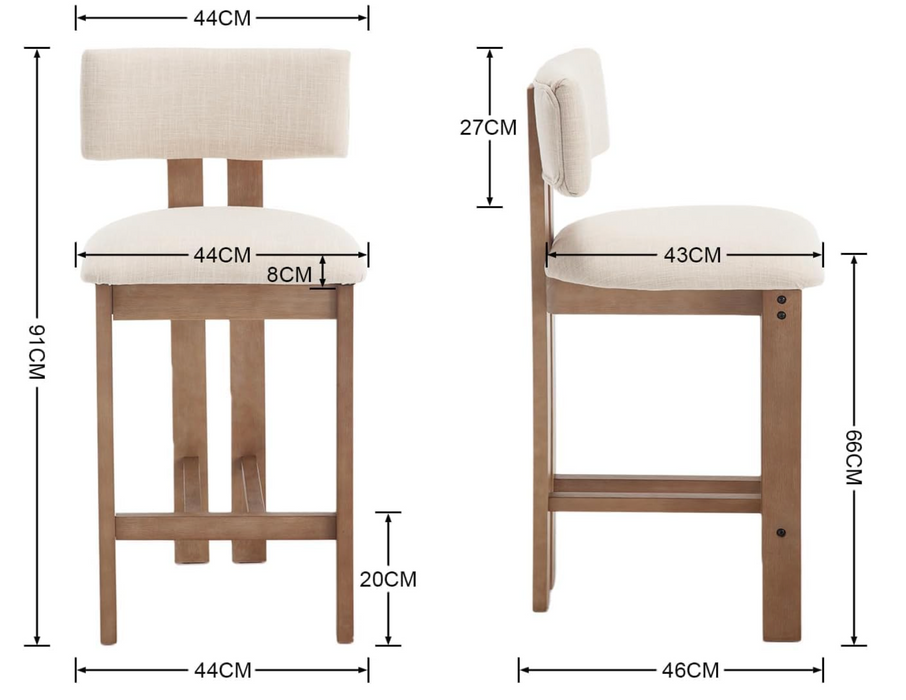 Vintage Bar Stools – Set of 2 | Solid Wood & Linen Upholstered Bar Chairs