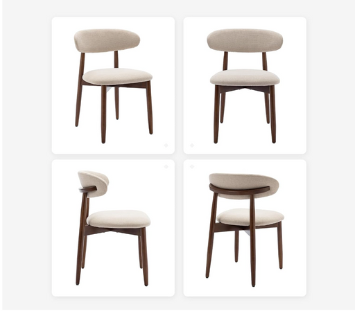 Four studio views of a dining chair on a light gray background, showing the front, back, left side, and top-down perspective. The chair features a curved cream upholstered seat and backrest with a dark brown wooden frame and legs.