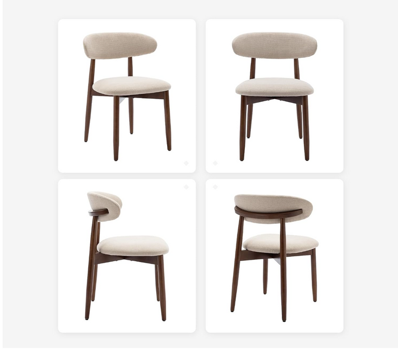 Four studio views of a dining chair on a light gray background, showing the front, back, left side, and top-down perspective. The chair features a curved cream upholstered seat and backrest with a dark brown wooden frame and legs.