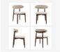 Four studio views of a dining chair on a light gray background, showing the front, back, left side, and top-down perspective. The chair features a curved cream upholstered seat and backrest with a dark brown wooden frame and legs.