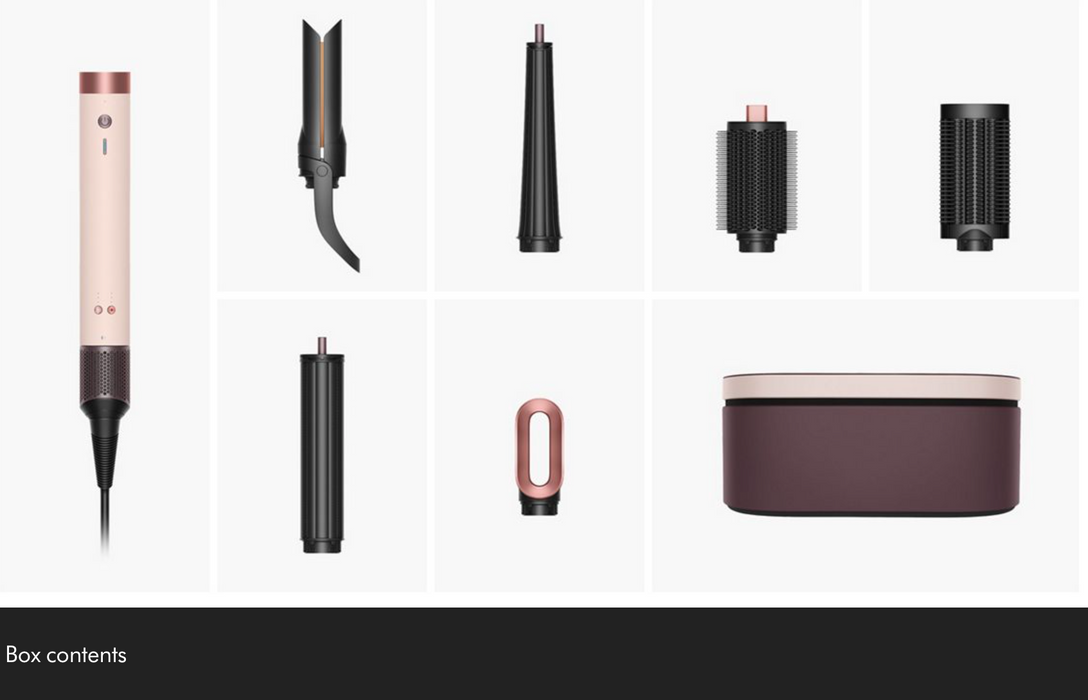 A set of hair styling tools and attachments displayed on a white background, including a wand-style iron, several curling and straightening attachments, a small loop tool, and a rectangular case. The products are arranged in a grid with a black banner at the bottom labeled 'Box contents'.