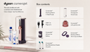 Dyson Camerajet toothbrush and its packaging box contents displayed on a clean beige background. The set includes a rose gold and black Camerajet toothbrush, a transparent travel case, USB-C charging cable, lithium-ion battery, docking station, anti-gravity tank, tank cap and base, dual bristle brush heads, and a Pogo pin, with the text 'Box contents' on the right.
